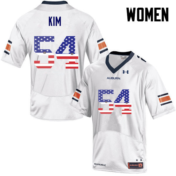 Women #54 Kaleb Kim Auburn Tigers USA Flag Fashion College Football Jerseys-White - Click Image to Close